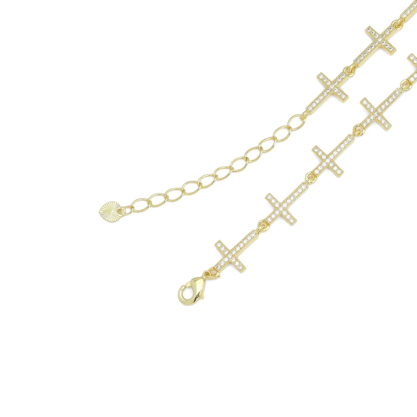 Clear CZ Cross Link Gold Adjustable Bracelet, Sku#LD618