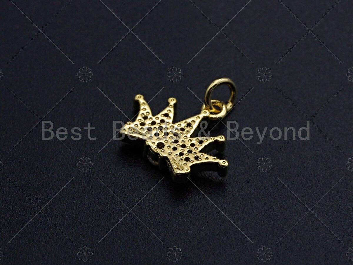 18K Gold Micro CZ Pave Crown Pendant, Gold Crown Charm,  Crown Beads, Jewelry Findings, 16x13mm,sku#LK38
