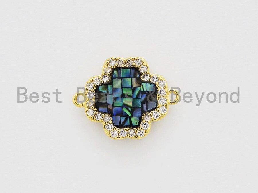 CZ Micro Pave Clover Connector with NATURAL Abalone Shell, Cubic Zirconia Space Connector, 15x20mm, 1pc,SKU#Z248