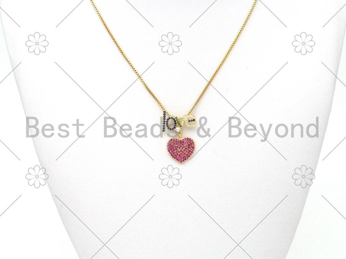 Colorful CZ Micro Pave Love Word With Fuchsia CZ Heart Shape Pendant,18K Gold Filled Love Charm,Necklace Bracelet Pendant,19x28mm,Sku#LK398