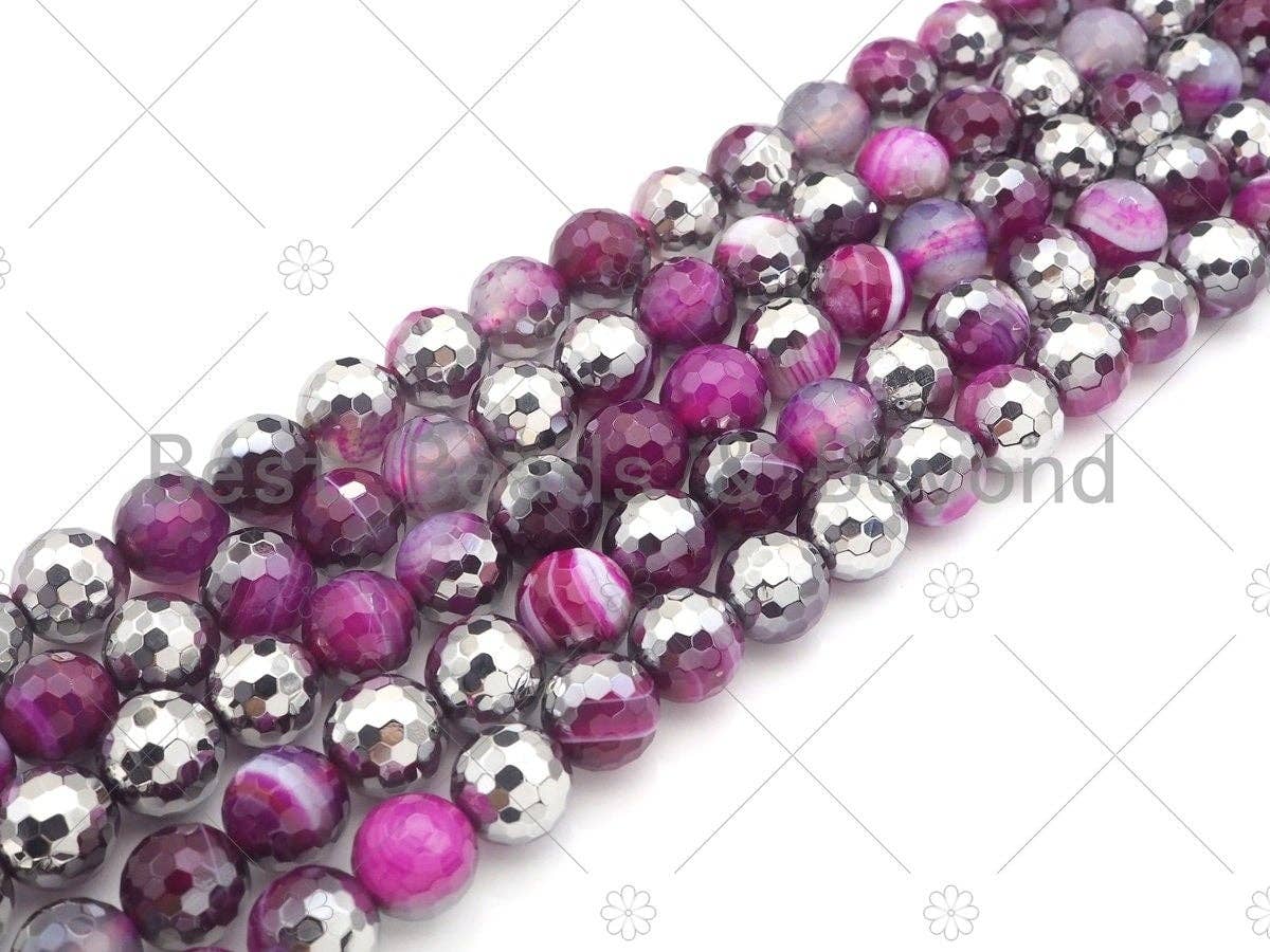 Natural Half Silver Pink Agate Beads, 8mm/10mm/12mm Round Faceted Pink Agate Beads, 15.5 Full Strand, sku# UA120