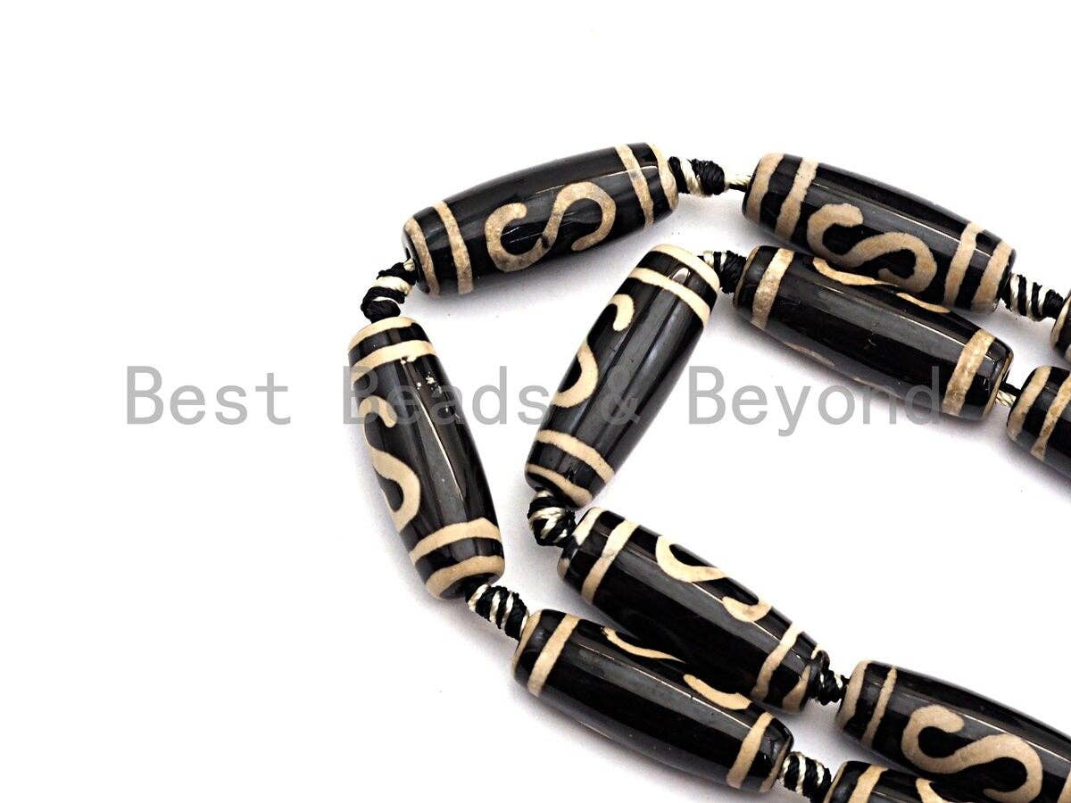 1pc/10pc Natural Tibetan Agate long Barrel Beads, Black White Dzi long oval beads, Zodiac Barrel Agate Beads, 10x30mm,sku#U489