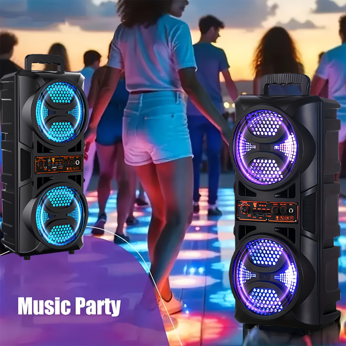 Enceinte Bluetooth portable avec basses subwoofer, double haut-parleur de graves LED 6,5" et microphone
