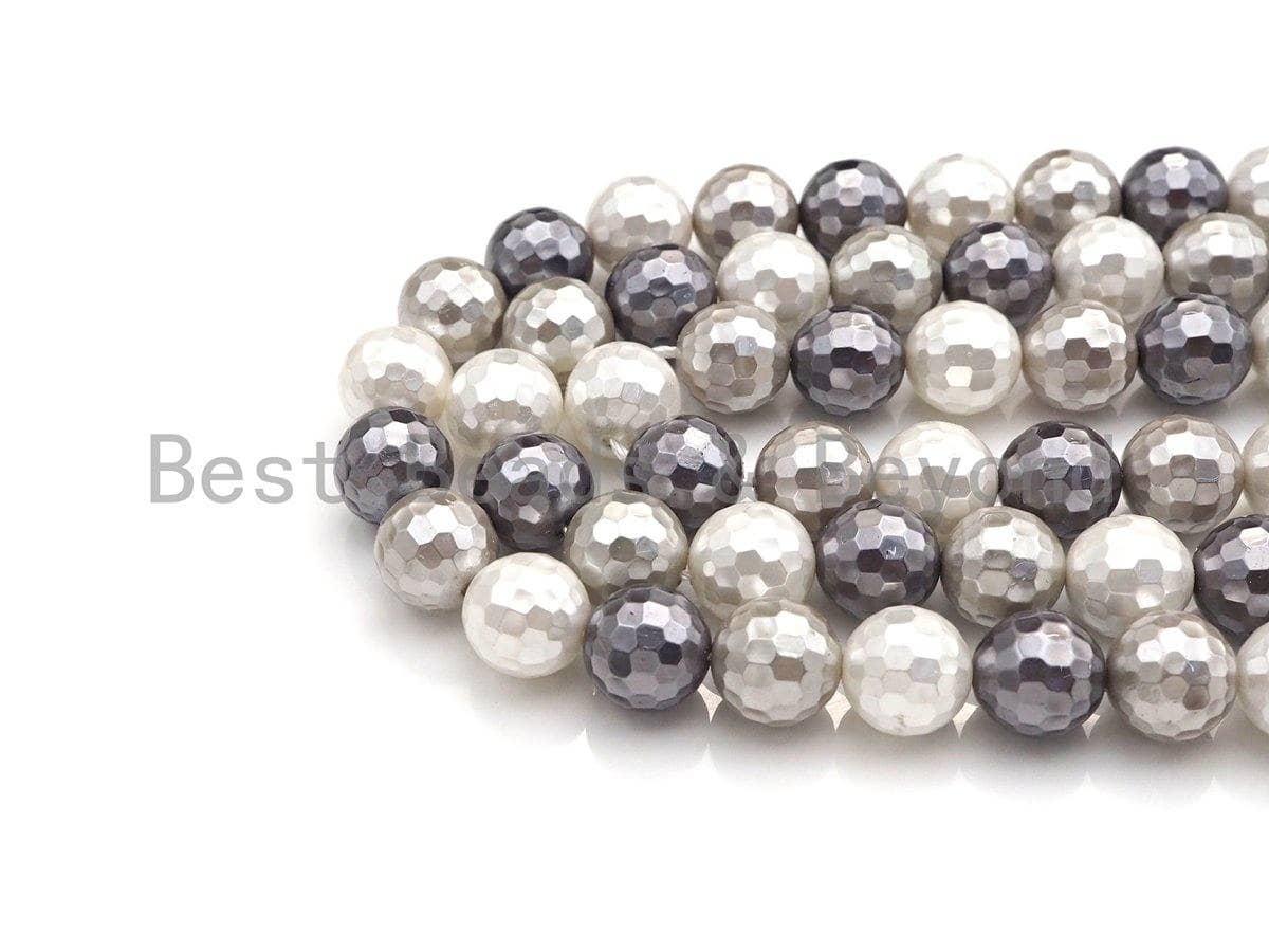 Natural Mother of Pearl White Black Gray Round Faceted beads, 8mm/10mm/12mm Mixed MOP Pearl Beads,15.5inch strand, SKU#T137