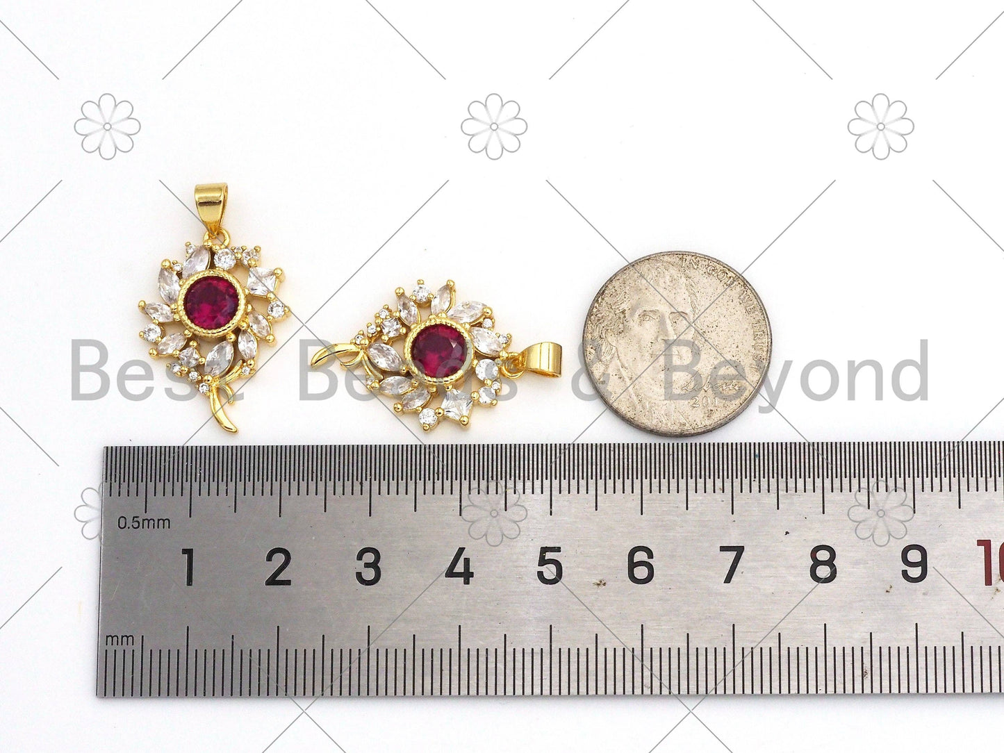 Big Fuchsia CZ Micro Pave Sunflower Shape Pendant, 18K Gold Filled Flower Charm, Big CZ Pave Pendant,17x24mm, Sku#LK373