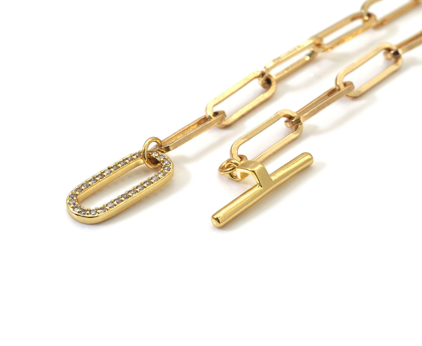 Paperclip Chain Necklace Bracelet with CZ Toggle
