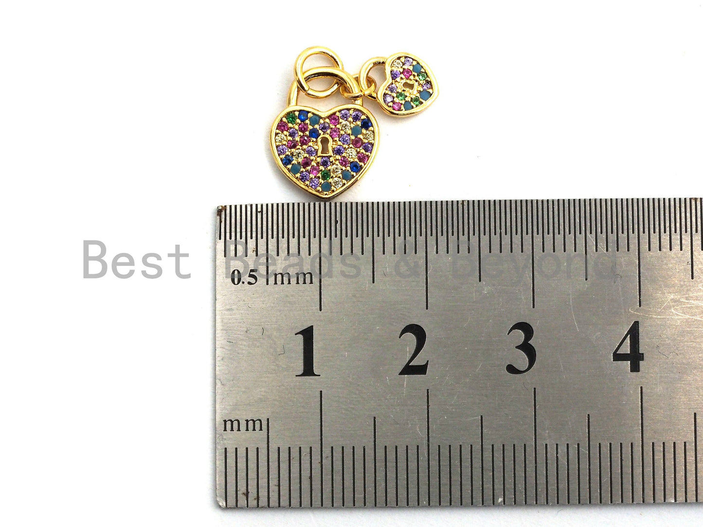 CZ Colorful Micro Pave Big heart Small Heart Lock Pendant, Heart Shaped Pave Pendant, Gold plated, 10x13mm, Sku#F825C