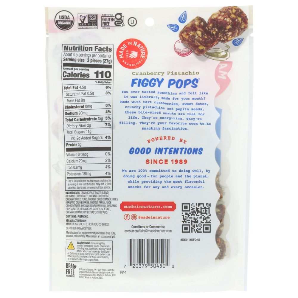 MADE IN NATURE: Cran Pistach Figgy Pops, 4.2 oz