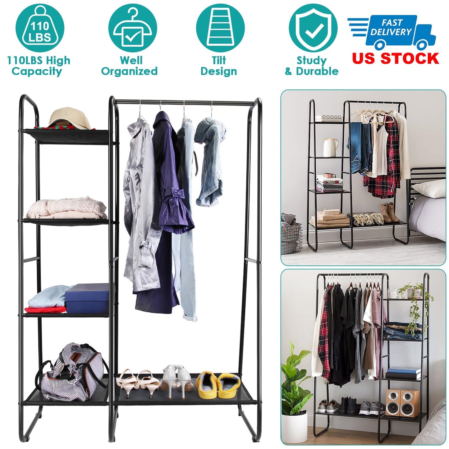 Garment Hanging Rack with Shelves and Wardrobe Display