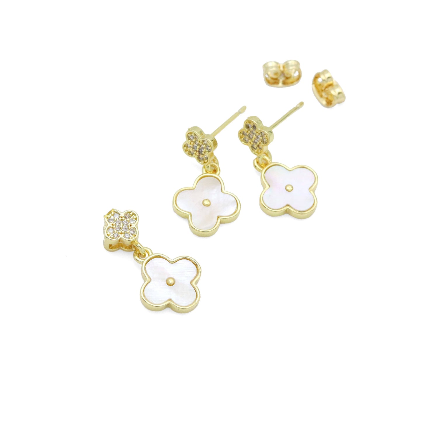 Clear CZ Mop Flower clover Shape Gold Stud Earrings, Sku#LK961