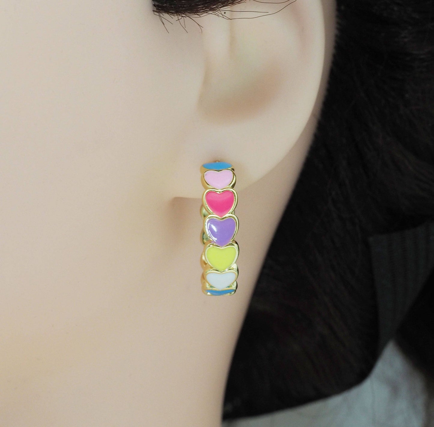 Colorful Enamel String Hearts Hoop Earrings, Sku#J374