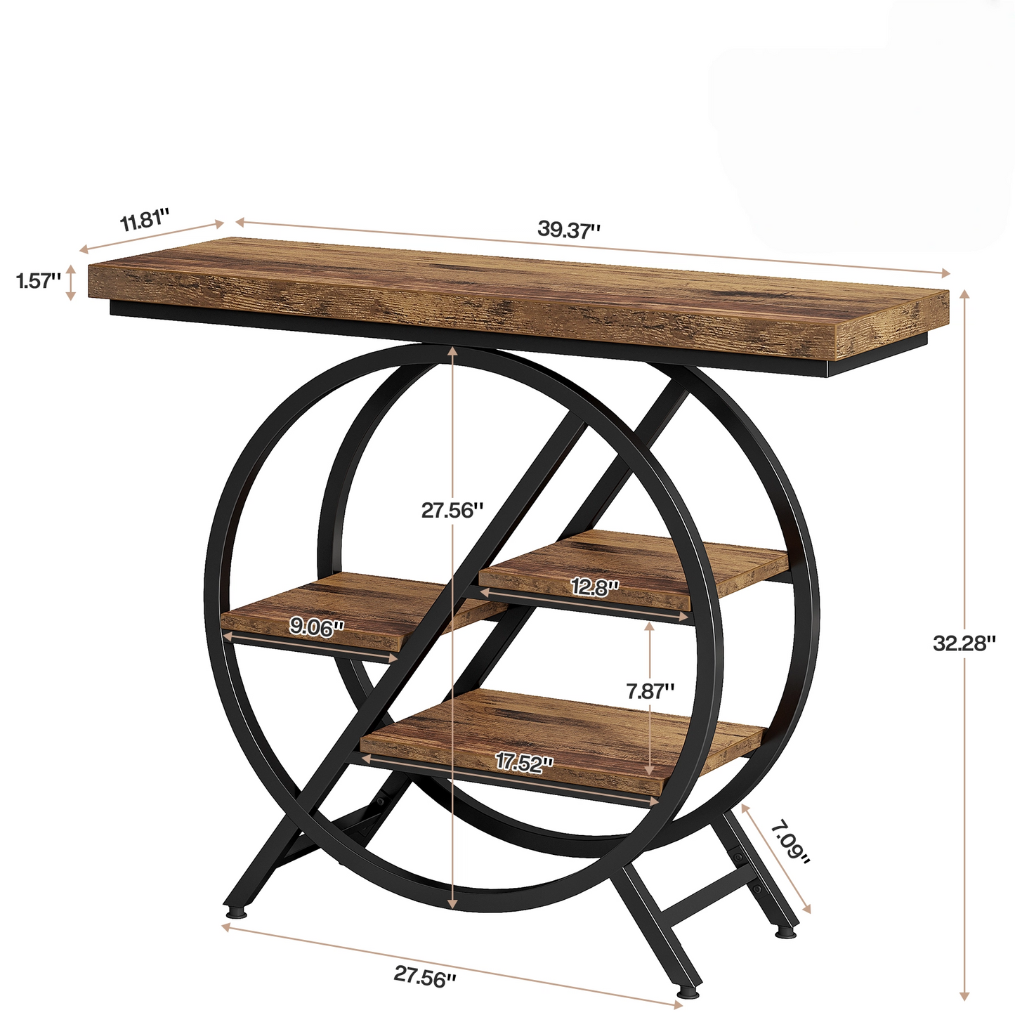 39.4" Industrial 4-Tier Entryway Console Table with Geometric Circle Frame