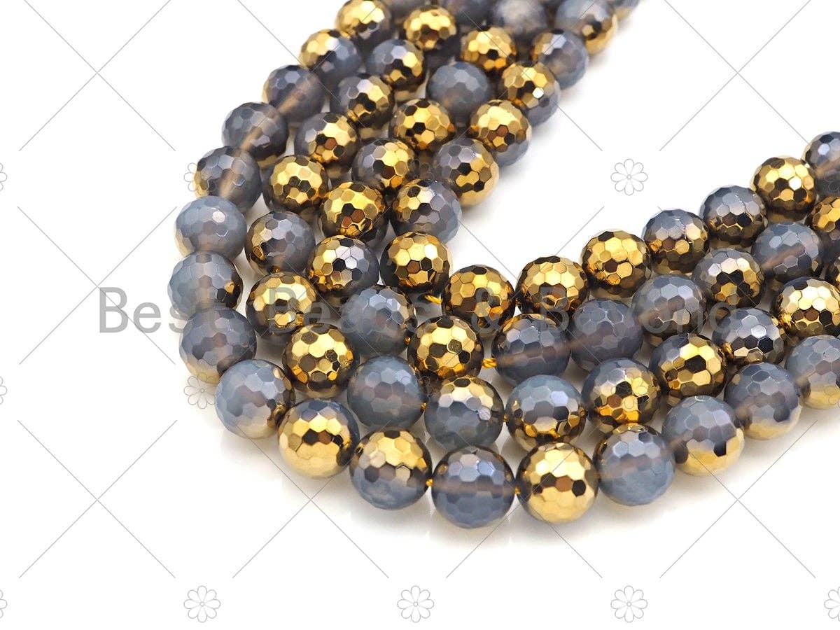 Natural Half Gold Plated Gray Agate Beads, 10mm/12mm Gold Grey Gemstone beads, 15.5" Full Strand, sku#UA99