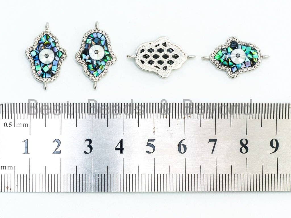 CZ Micro Pave Hamsa Hand Evil Eye Connector with Abalone  Pearl Shell, Cubic Zirconia CZ space connector,14x22mm, 1pc, SKU#Z23