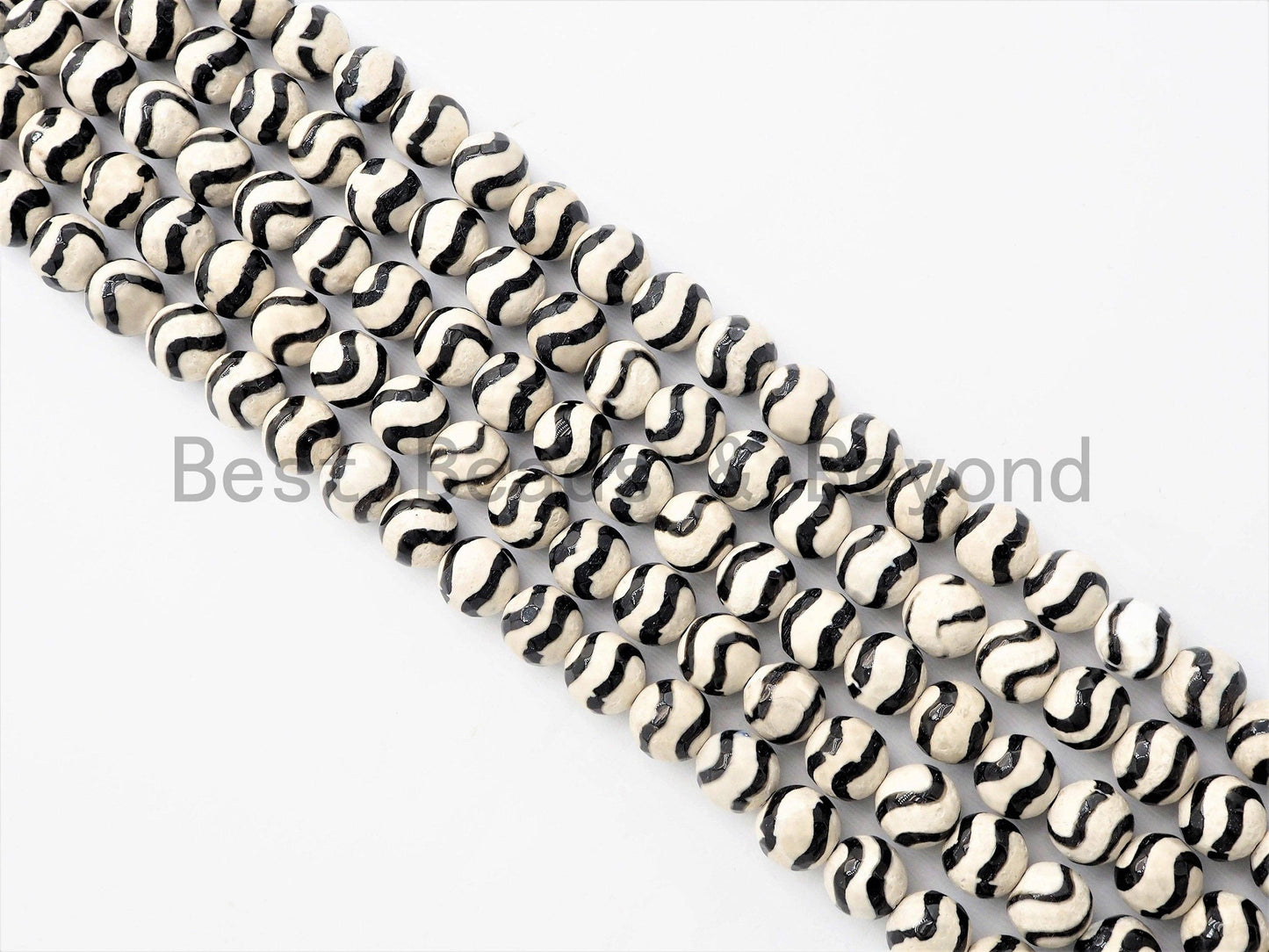 Dzi Black Band Faceted Round Beads,  Zebra Striped Tibetan A