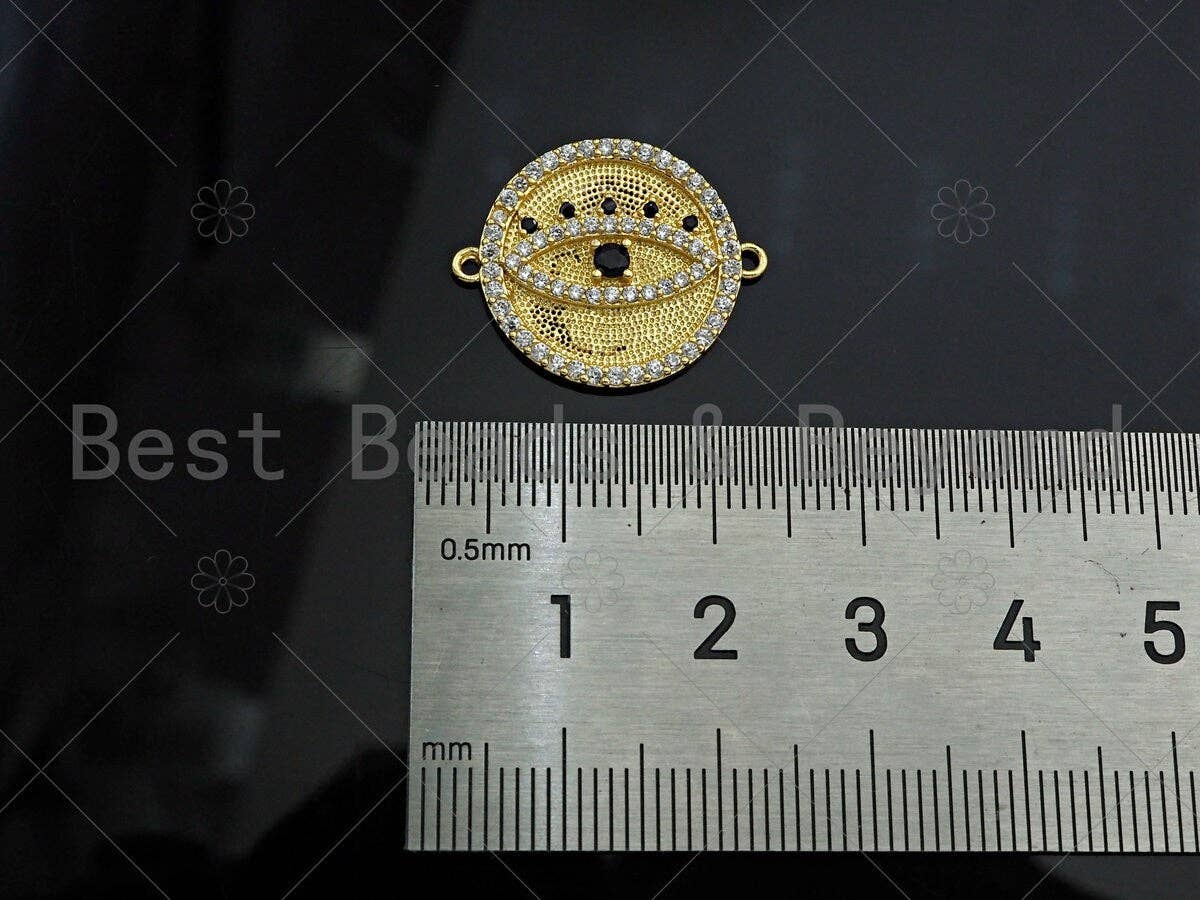 Gold Filled CZ Micro Pave Evil Eye On Round Coin Shape Connector,18K Gold Filled Connector, Necklace Bracelet Connector,22x18mm,Sku#LK351