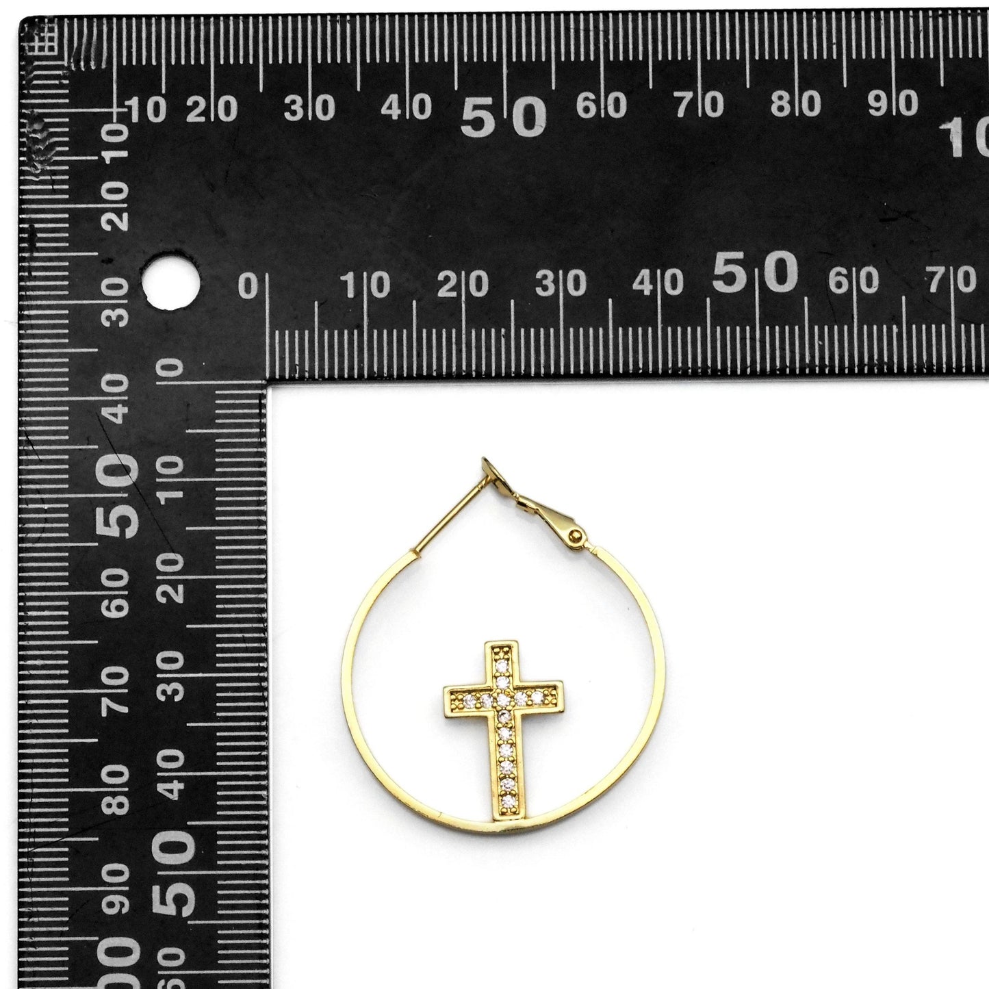 Gold CZ Cross On Round Ring Hoop Earrings, Sku#LK821