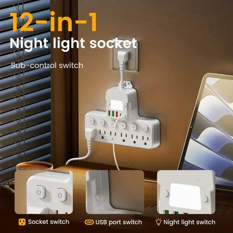 12-in-1調節可能デスクランプ電源タップ – 6つのACコンセント、3つのUSB-A＆2つのType-Cポート、サージ保護付き
