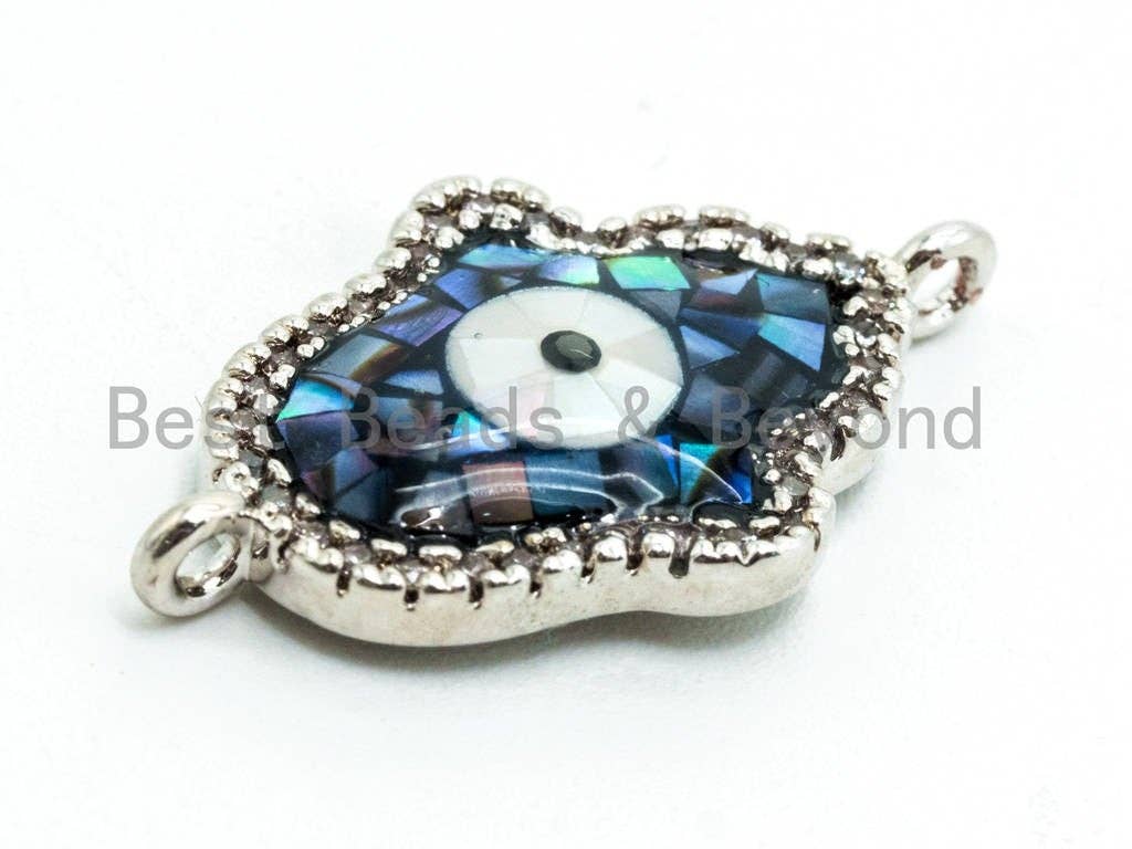 CZ Micro Pave Hamsa Hand Evil Eye Connector with Abalone  Pearl Shell, Cubic Zirconia CZ space connector,14x22mm, 1pc, SKU#Z23