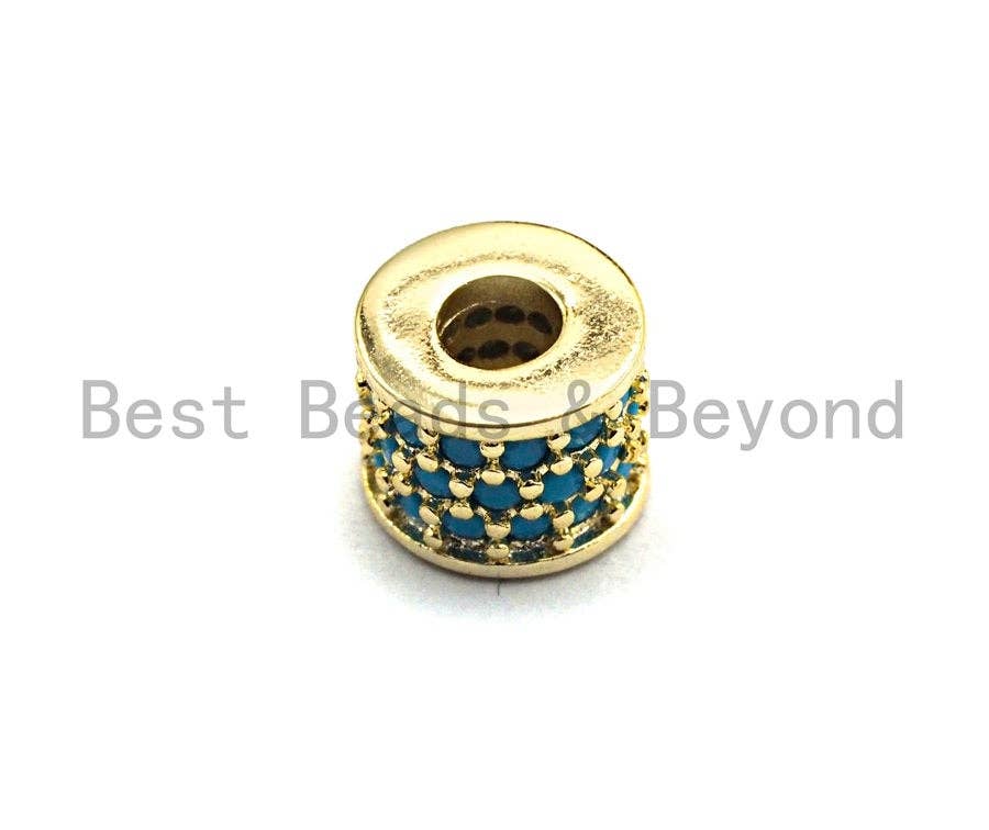 CZ Big Hole Drum Barrel Turquoise Micro Pave Beads, Gold/Rose Gold/Silver/Black Cubic Zirconia Spacer Beads, DIY Jewelry, 6x7mm, sku#X46