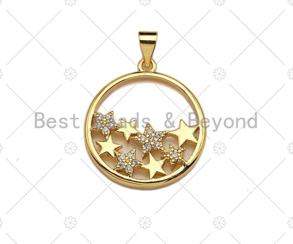 18k Gold Multi Star On Round Ring Charms, Gold Ring Charms, Star Pendant, Gold Pendant, Round Necklace Charms, 22x24mm, Sku#LK145