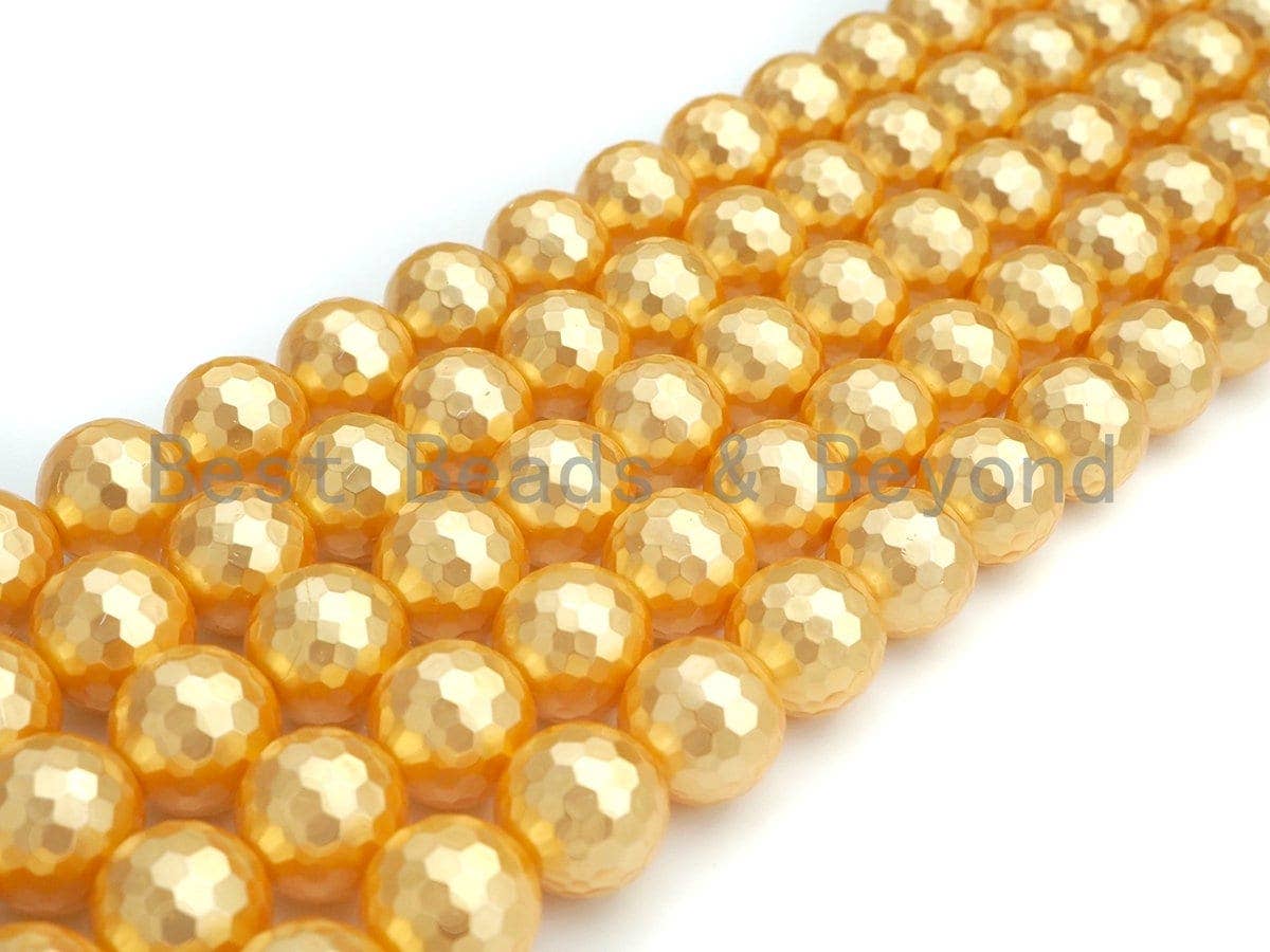 Quality Gold Mother of Pearl beads, 8mm/10mm/12mm Pearl Faceted Round beads, Golden Loose Faceted Pearl Shell Beads, 15.5inch strand, T153