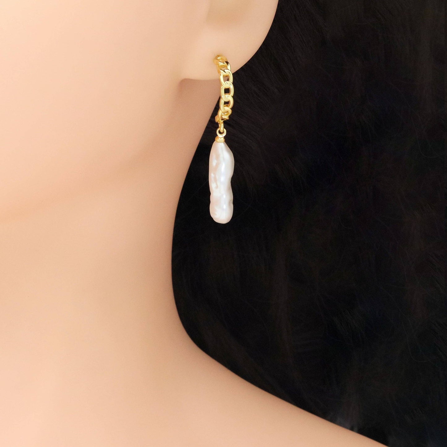 White Pearl Twisted Gold Hoop Stud Earrings, Sku#LX449