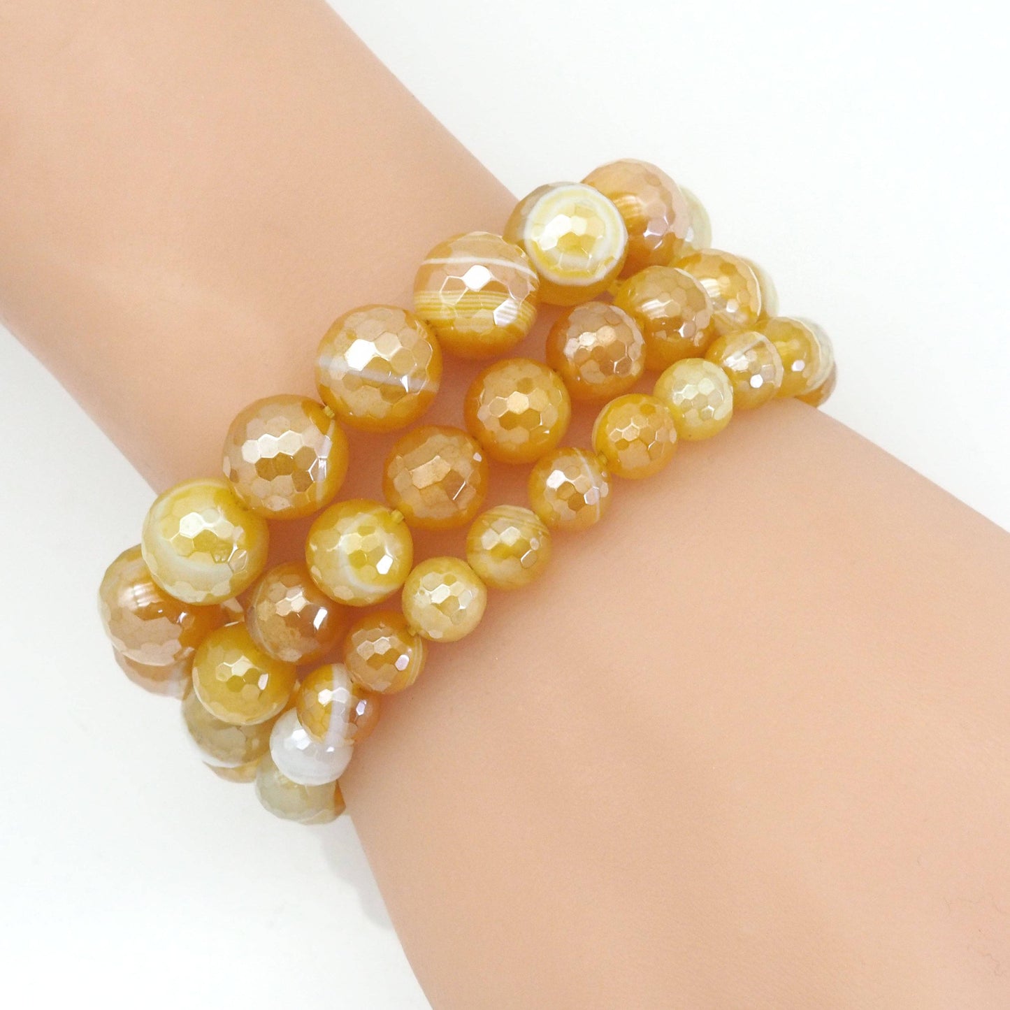 Mystic Yellow Banded Agate Round Faceted Stretchy Bracelet,