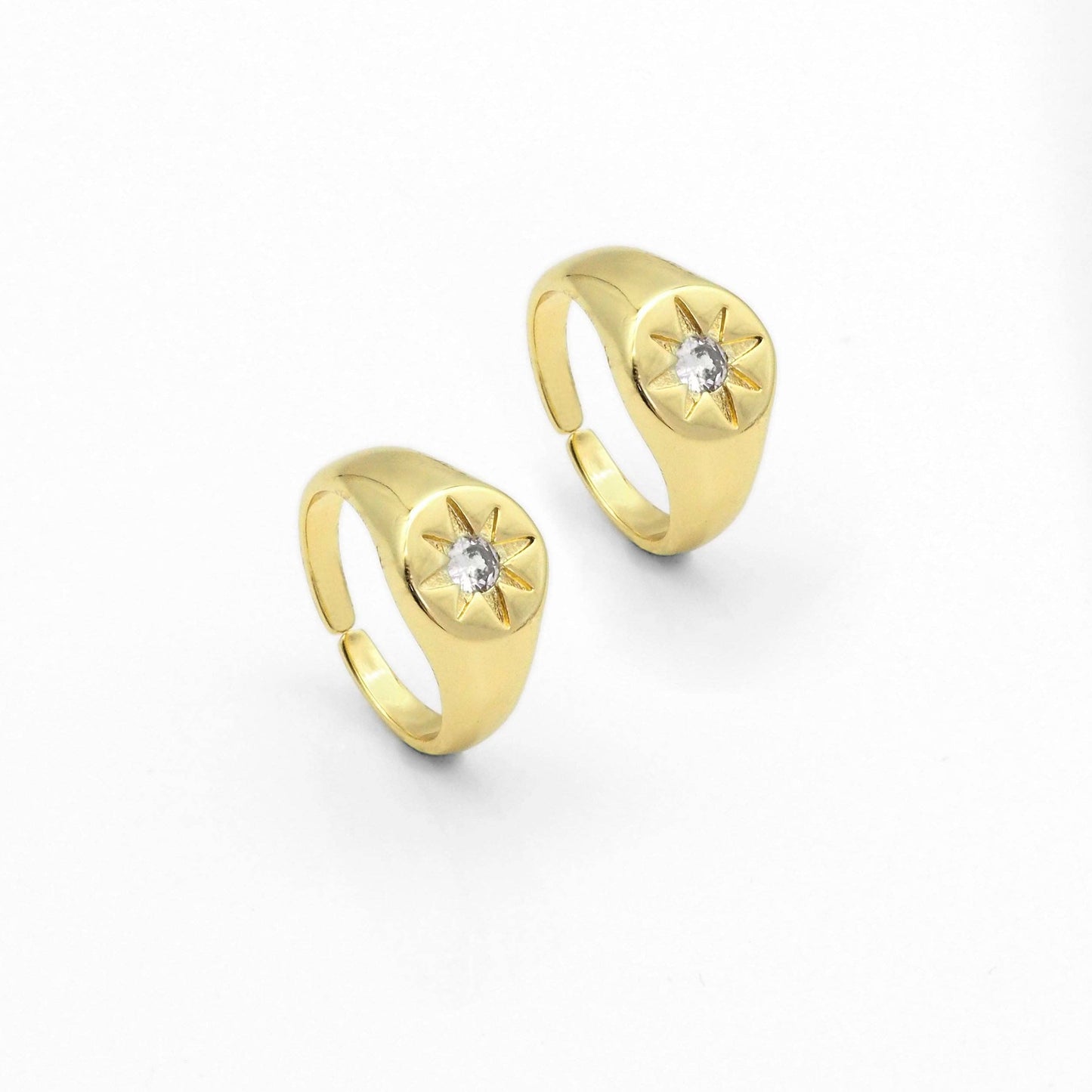 Gold CZ North Star Signet Adjustable Ring, Sku#LX224
