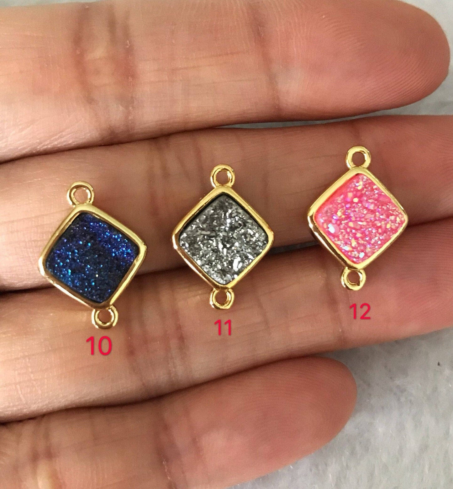 Mystic Drusy Diamond Shape Bezel Connector Beads, Bezel Druzy Charm, Gold/Silver finish,Pink/Black/Silver/White/Blue, 12x16mm,SKU#V30