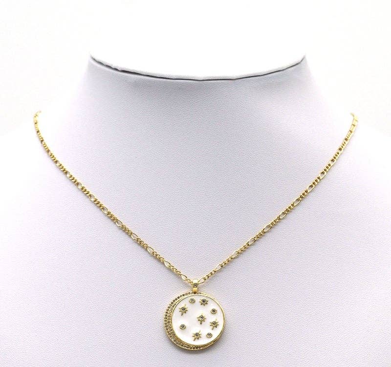 Silver Gold CZ Enamel Cresent Moon Star Coin Charm, Sku#LK698