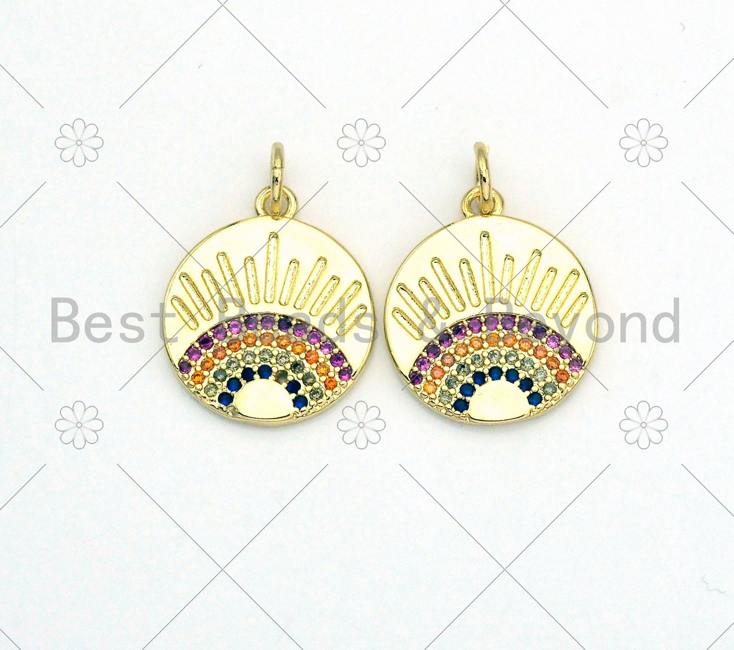 Colorful CZ Micro Pave Rainbow On Round Coin Shape Pendant,18K Gold Filled Medallion Charm, Necklace Bracelet Pendant,14x17mm,Sku#LK375