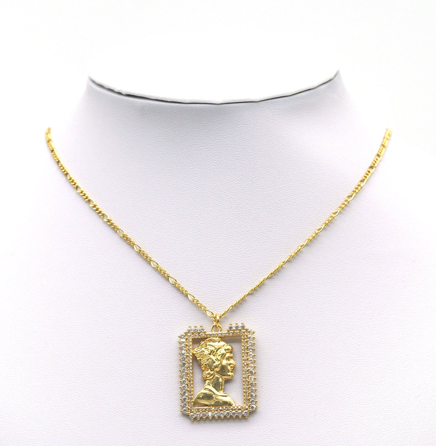 Gold Lady Head On CZ Rectangle Frame Charm, Sku#L673