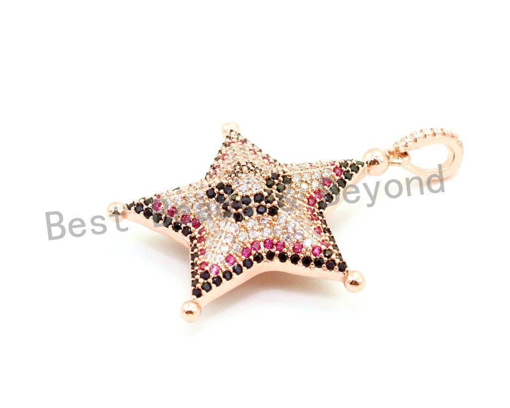 CZ Micro Pave Multi Color Star/Starfish Pendant with Diamond Bail, Cubic Zirconia Pendant,Gold/Rose Gold/Silver/Black Tone,30x40mm,SKU#F6