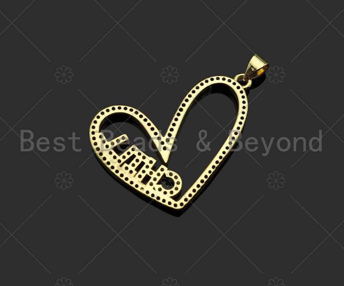 Gold Filled Colorful CZ Happy Luck Hope Word On Heart Shape Pendant,18K Gold Filled Heart Charm, Necklace Bracelet Pendant,34x24mm,Sku#LK341