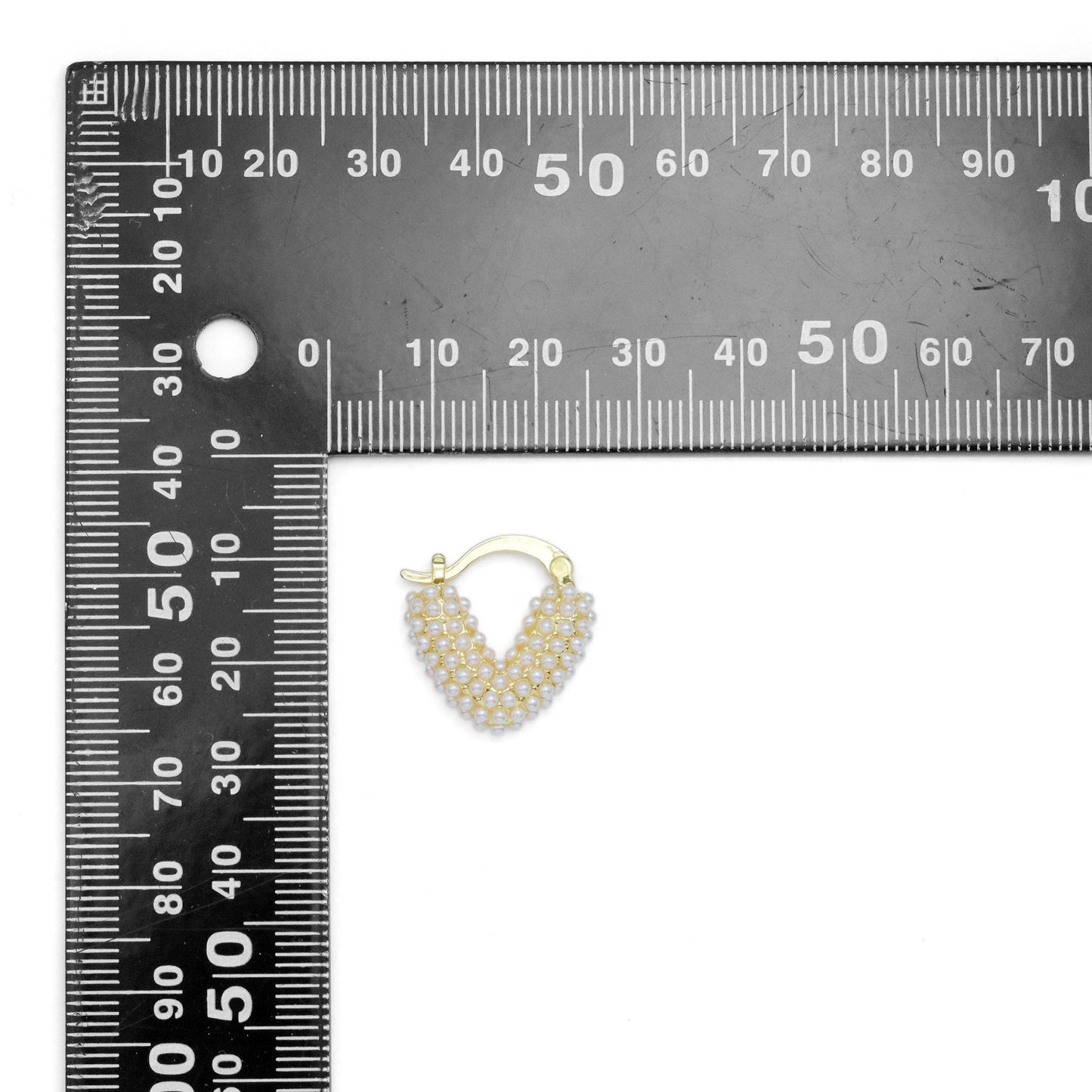 White Pearl Puffy V Shape Huggie Earrings, Sku#LD554