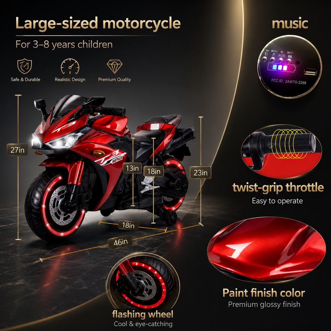 Kids Motorcycle 12V Ride-On Toy for Ages 3-8