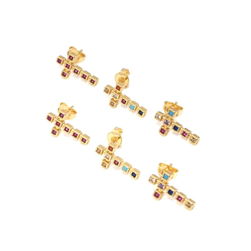 Gold Colorful CZ Cross Stud Earrings, Sku#LK774