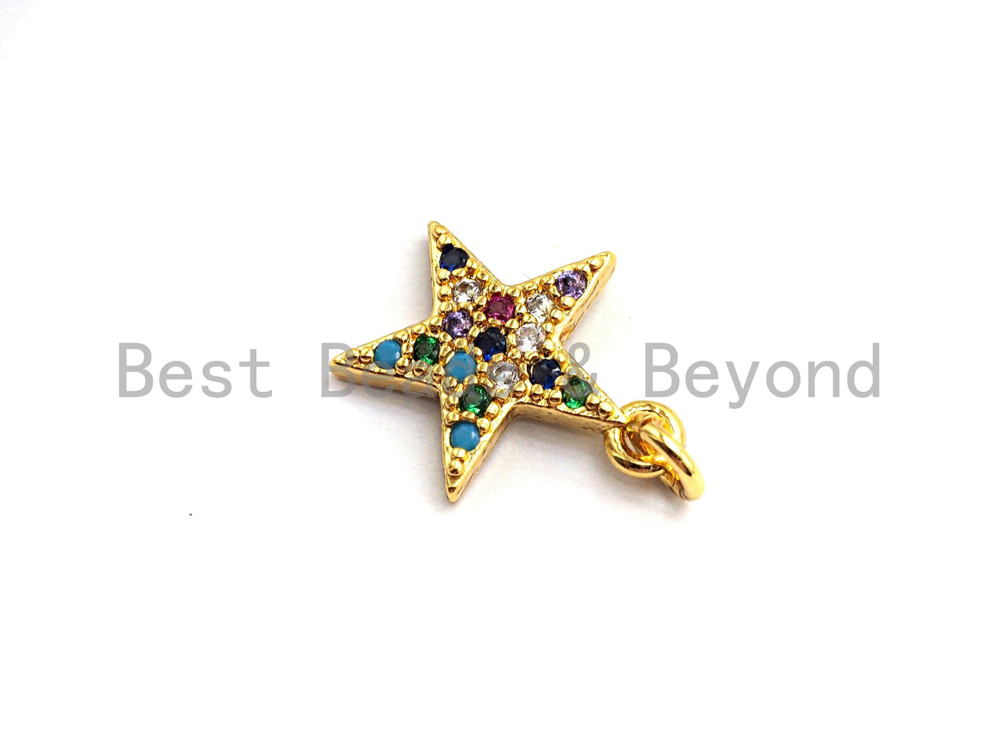 CZ Colorful Micro Pave Five Point Star Pendant, Five Point Star Shaped Pave Pendant, Gold plated, 12x14mm, Sku#F753