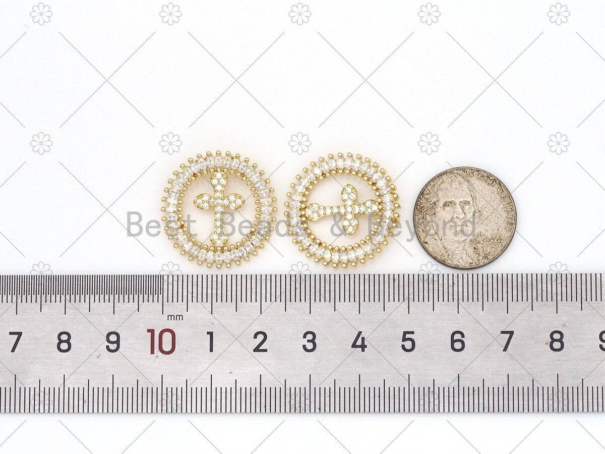 Baguette CZ Cross Coin Pendant,18K Gold Filled Cross Charm,Sku#LK461