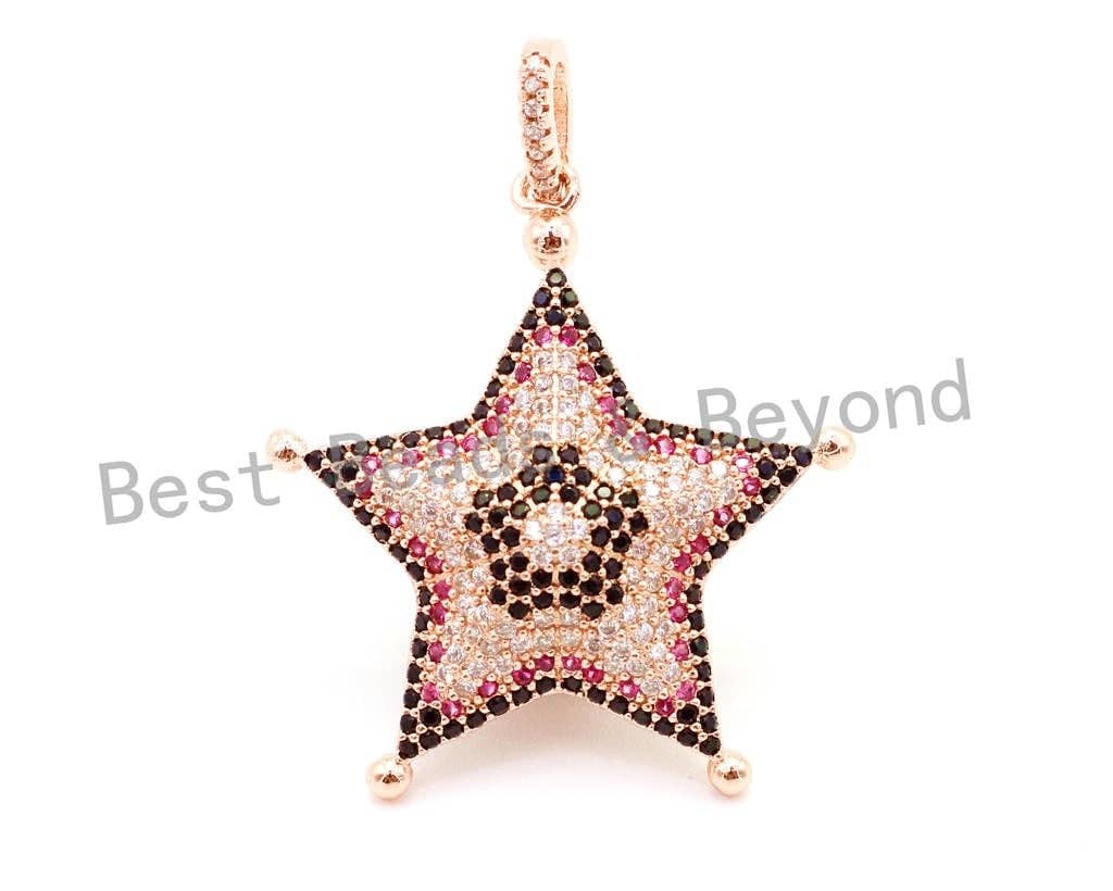 CZ Micro Pave Multi Color Star/Starfish Pendant with Diamond Bail, Cubic Zirconia Pendant,Gold/Rose Gold/Silver/Black Tone,30x40mm,SKU#F6