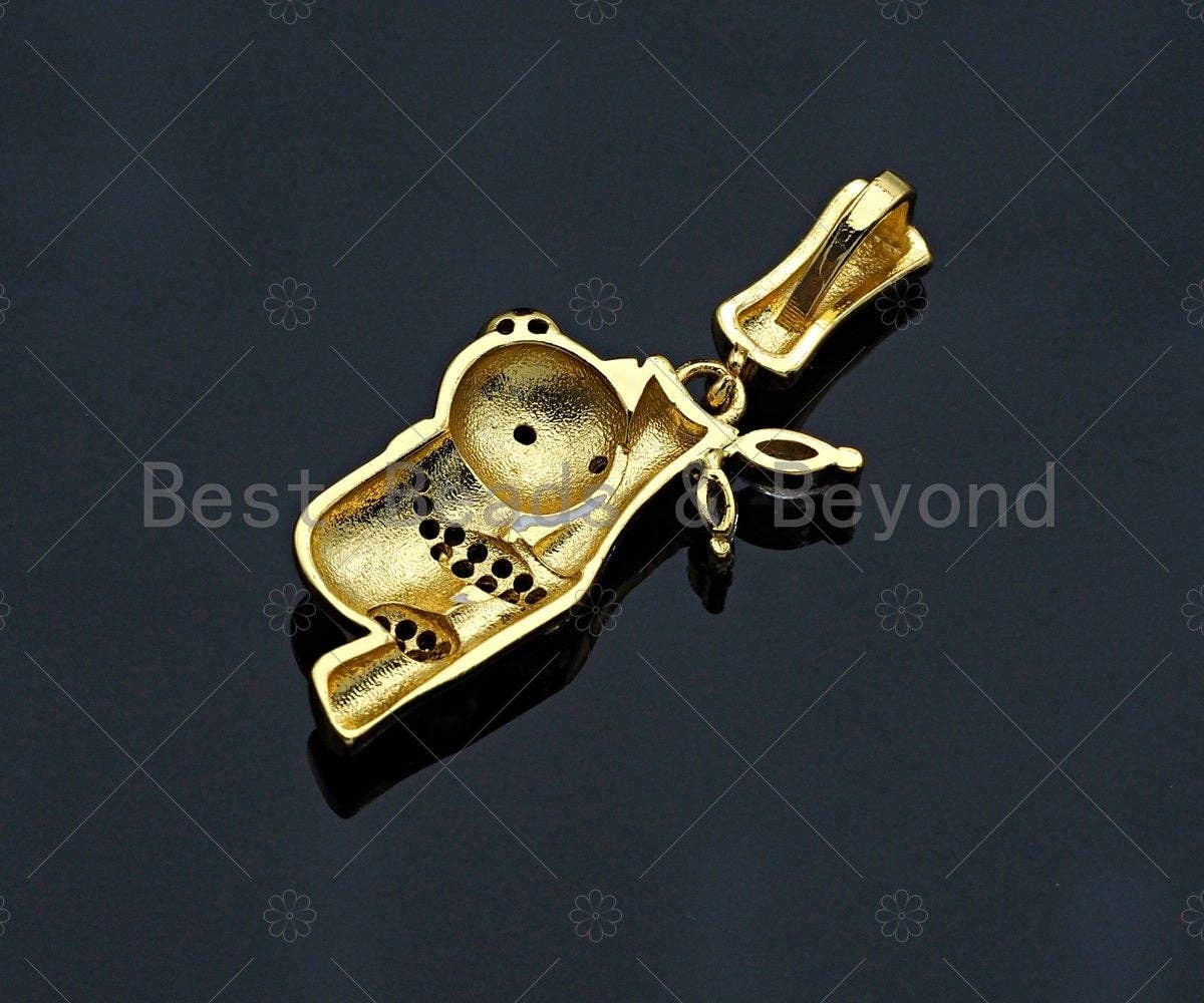 CZ Micro Pave Pandas on Bamboo Pendant/Charm,Panda Charm, Panda pendant, Cubic Zirconia Pendant, 15x22mm,Sku#LK113