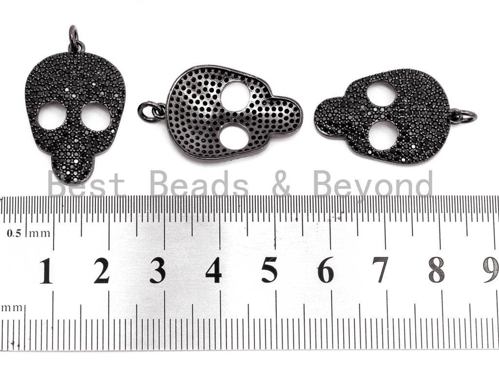 Black CZ Pave On Black Micro Pave Skull Head Charm Beads, Halloween Beads, Cubic Zirconia Pave Skull Charm,Skull Pendant 18x27mm, sku#F381