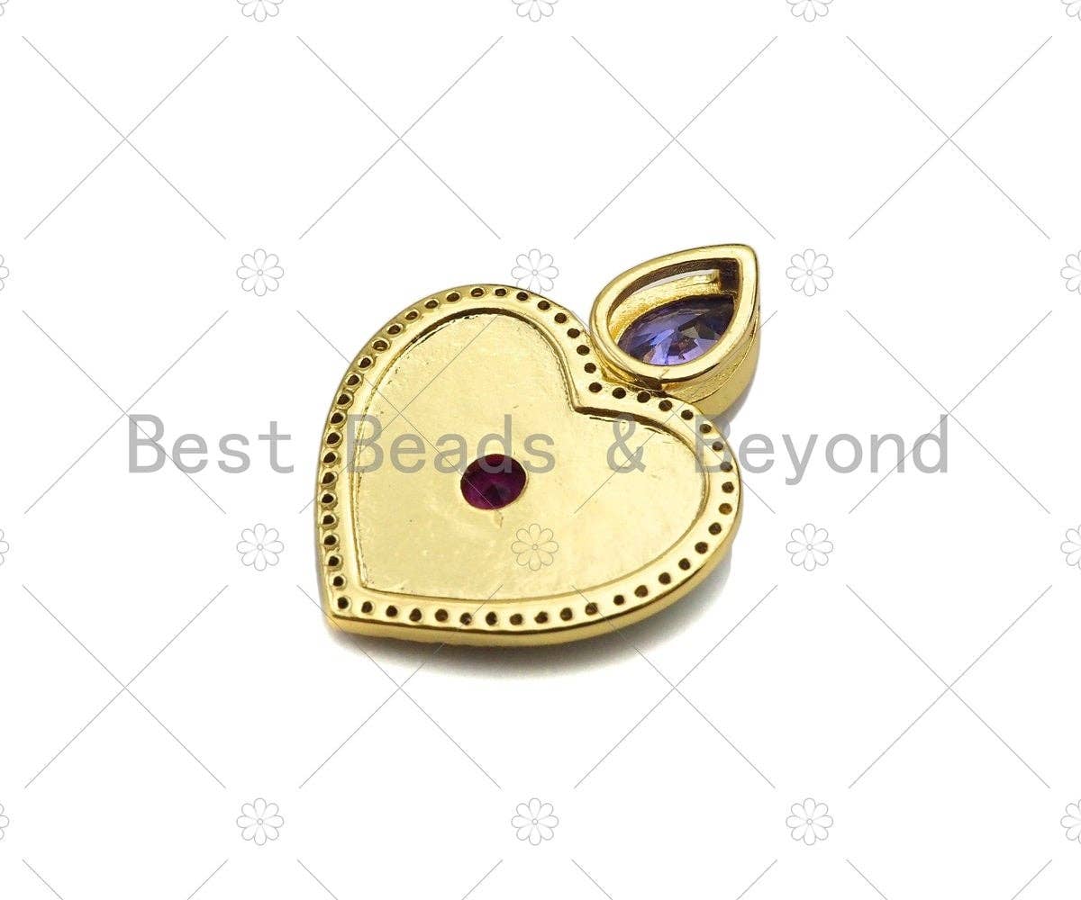 Fuchsia CZ Evil Eye On Green/Black Enamel Heart Pendant, 18K Gold Filled CZ MicroPave Charm, Necklace Bracelet Charm, 20x27mm,Sku#Z1264