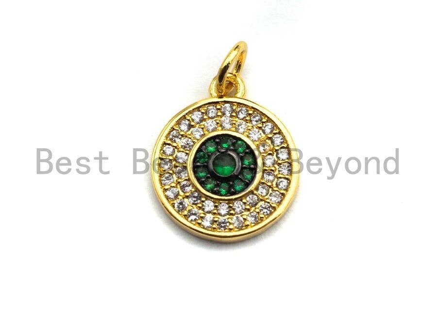 CZ Micro Pave Round Disc Pendant, Green/Black/Fuchsia/Cobalt Cubic Zirconia Big Pave Disc Charm Pendant, 13x15mm,sku#F894