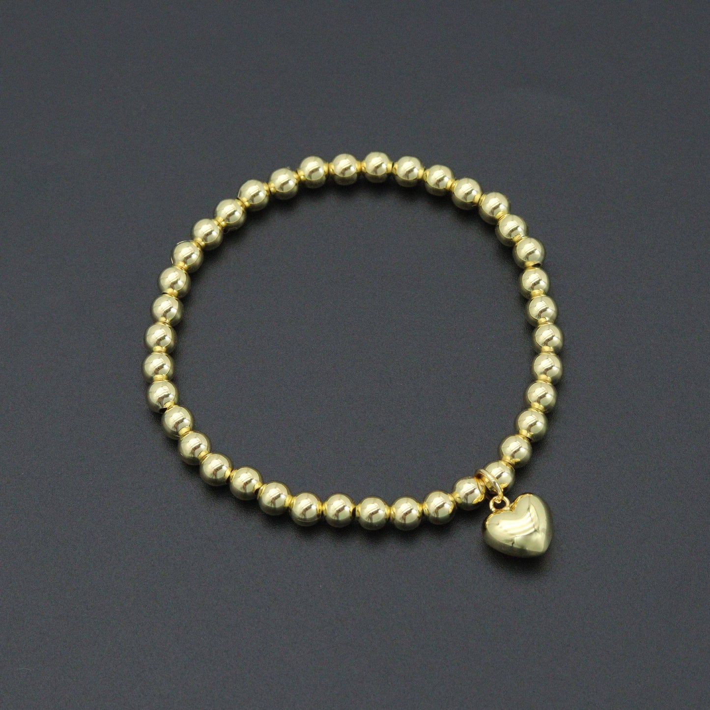 Gold Hematite Ball Beads with Puffy heart stretchy Bracelet, Sku#L726