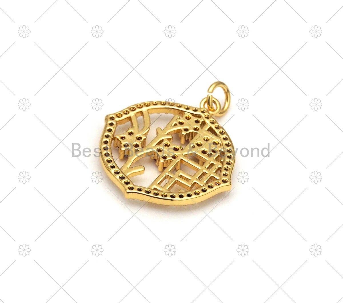 Fuchsia CZ Micro Pave Flower On Round Frame Shape Pendant,18K Gold Filled Flower Charm, Necklace Bracelet Charm Pendant, 21x21mm, Sku#LK469