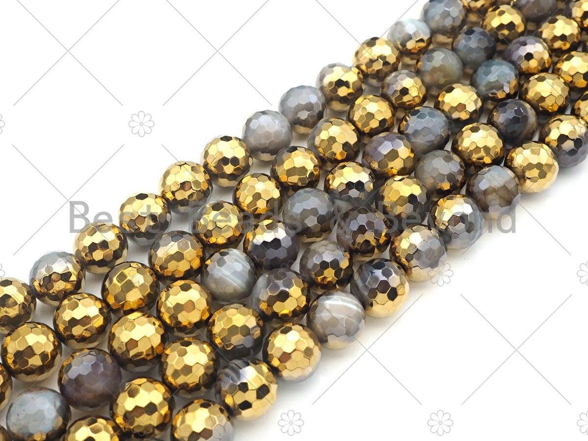 Half Gold Plated Grey Agate Beads, 8mm/10mm/12mm Round Faceted Gold Gray Banded Agate Beads, 15.5" Full Strand, sku#UA130