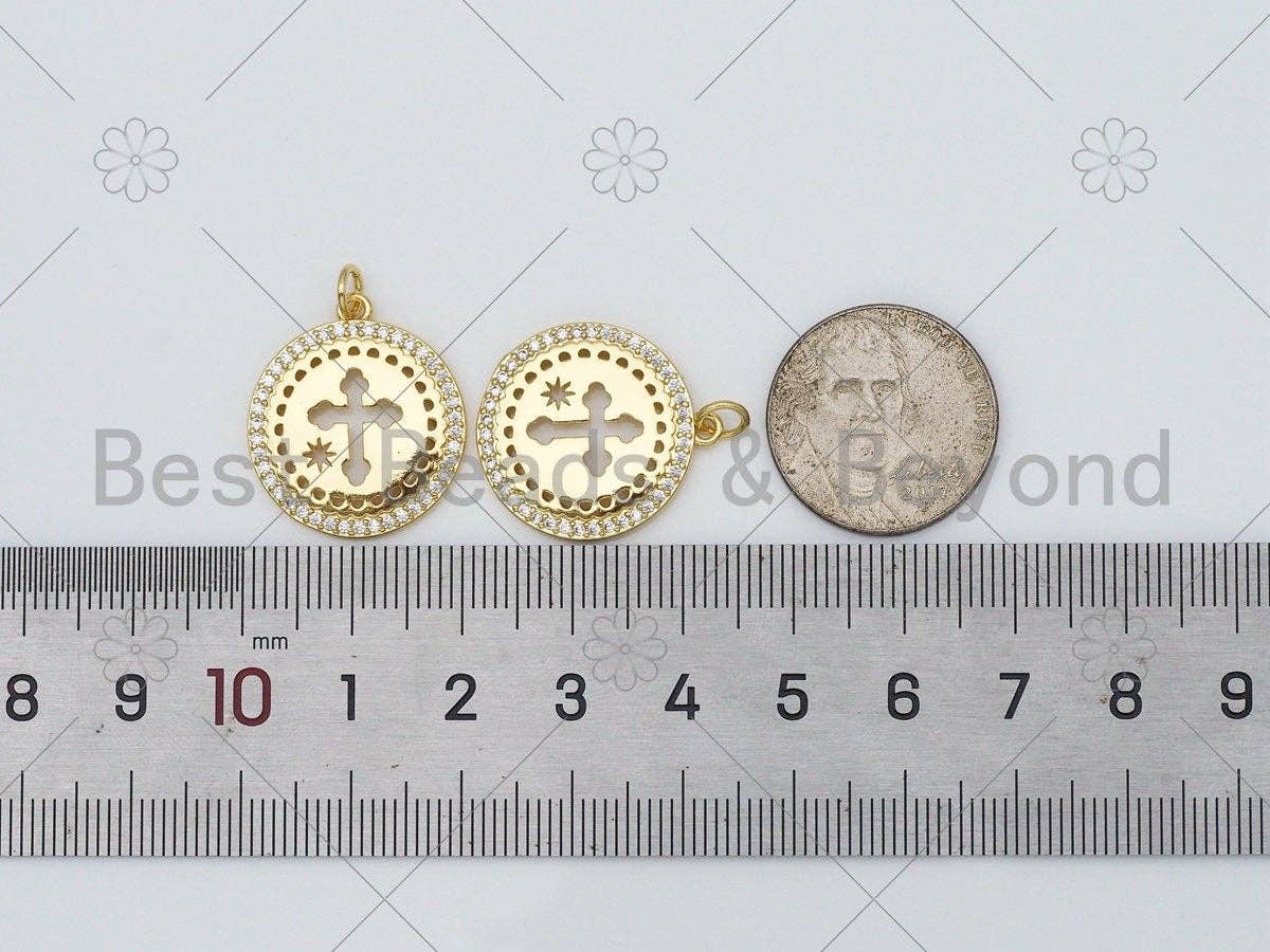 CZ Micro Pave Hollow Out Cross On Round Shape Pendant,18K Gold Filled Medallion Charm, Necklace Bracelet Charm Pendant, 23x20mm,Sku#LK416