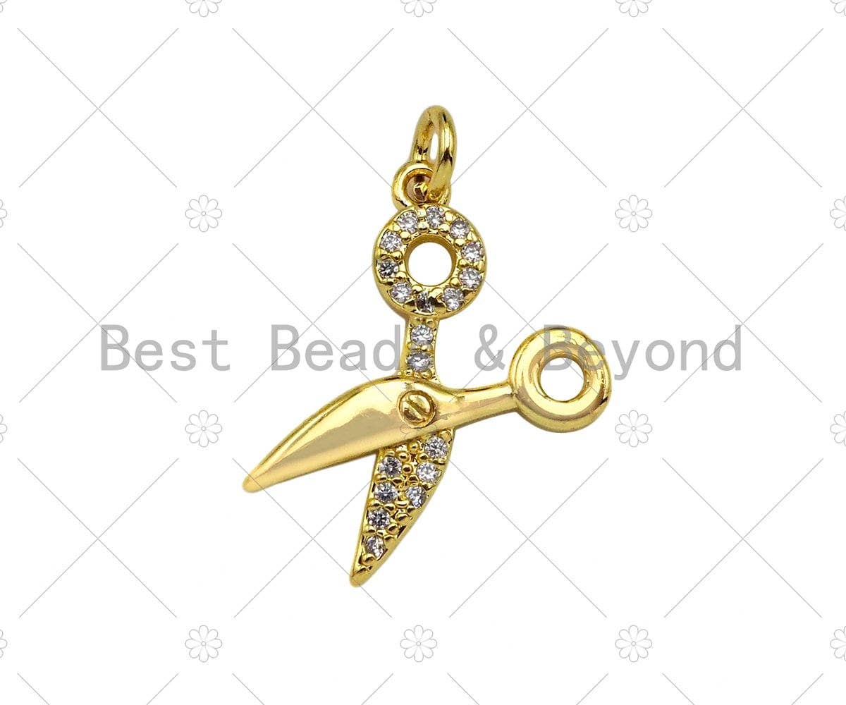 CZ Micro Pave Scissors Shape Pendant,18K Dainty Gold Charm,